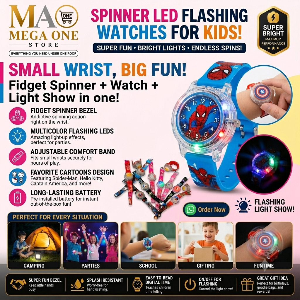Kids Spinner LED Flashing Watch – Cartoon Character Fidget Spinner Wristwatch with Multicolor Lights