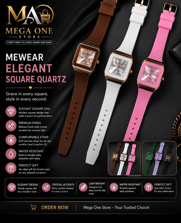 MEWEAR Elegant Square Quartz Watch – Sleek Crystal-Accented Dial with Premium Silicone Strap