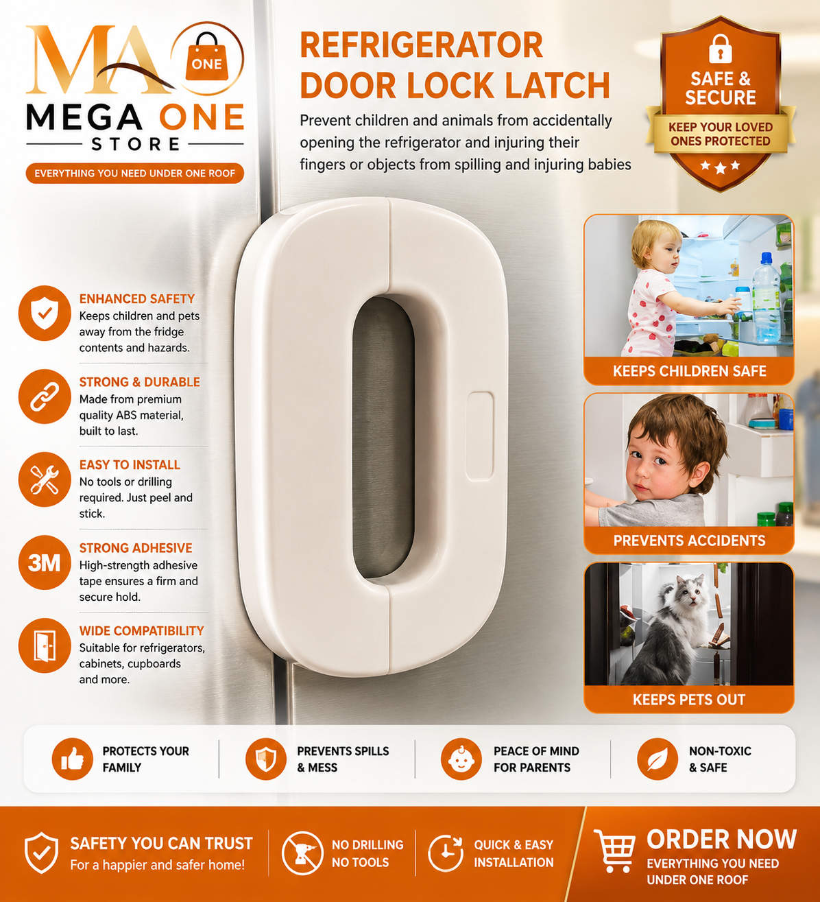 Heavy Duty Refrigerator Door Lock Latch – Child Safety Cabinet Guard with Strong 3M Adhesive