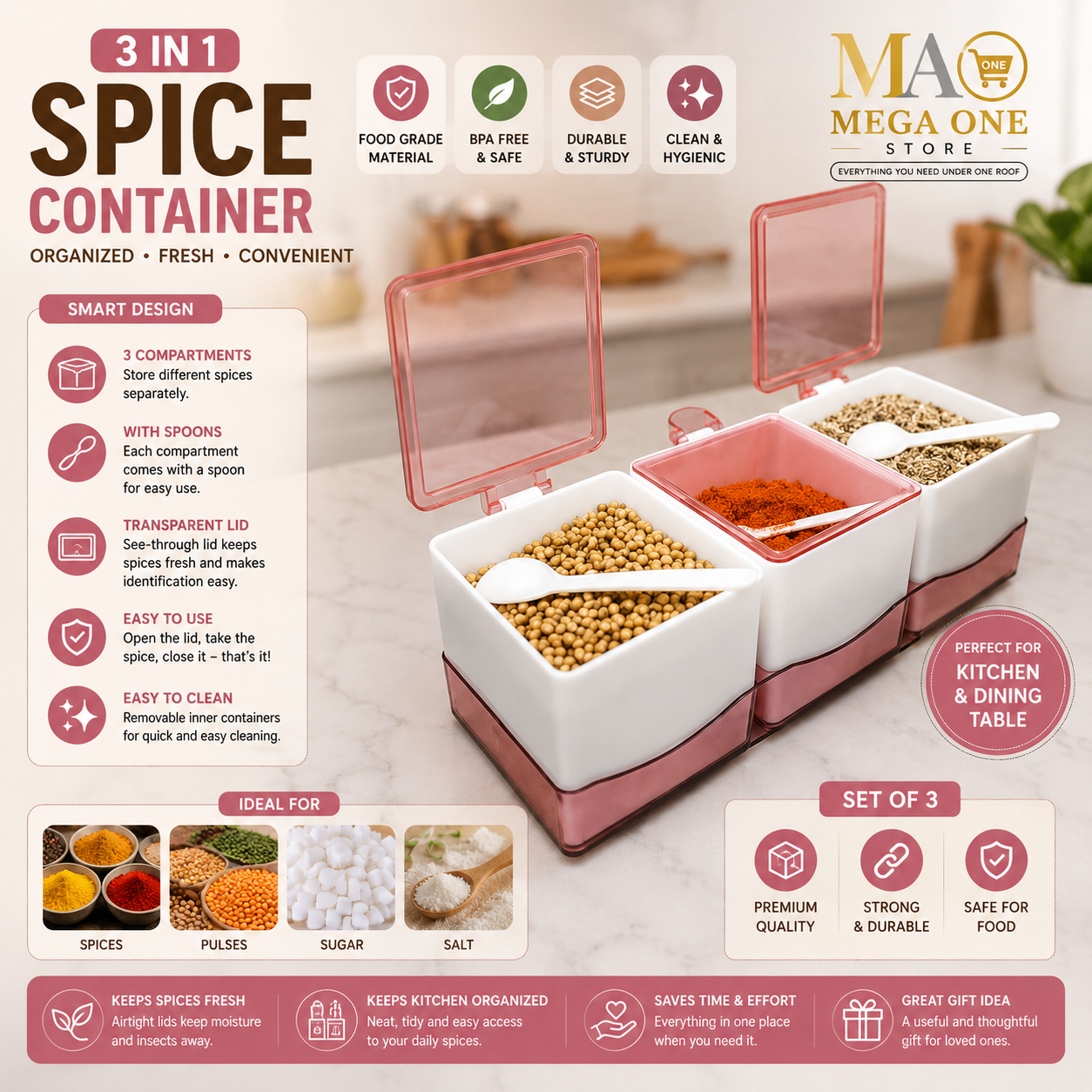 3-in-1 Spice Container Set – Multi-Compartment Kitchen Storage Box