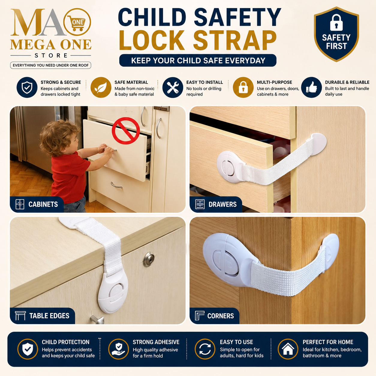 Child Safety Lock Strap – Multi-Purpose Cabinet & Drawer Lock