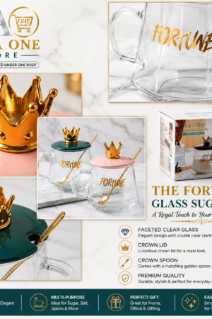 The Fortune Glass Sugar Pot – Luxury Faceted Glass Condiment Jar with Crown Lid & Spoon
