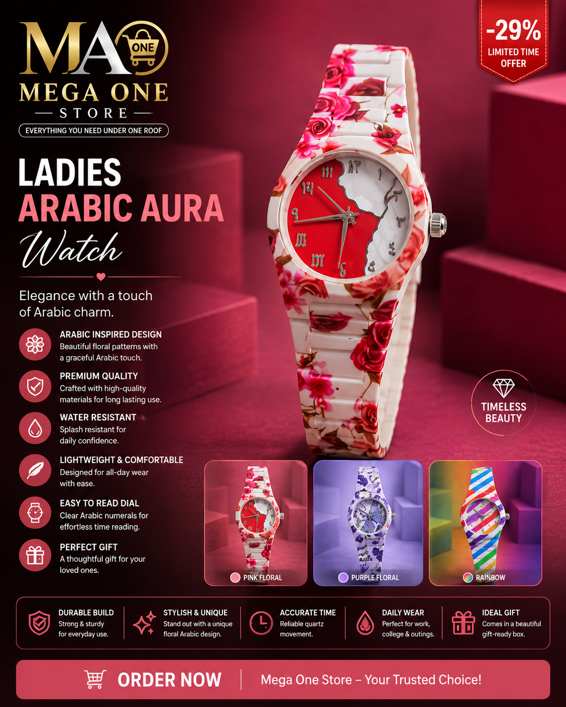 Ladies Arabic Aura Floral Watch – Unique Arabic Numeral Dial with Colorful Patterned Strap