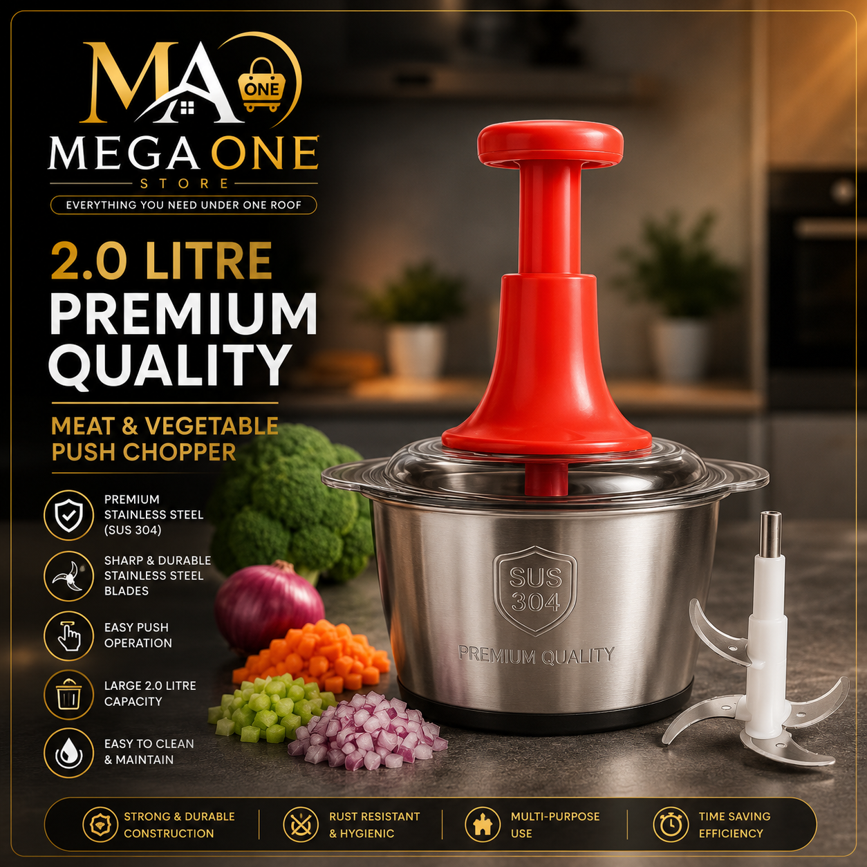 2.0 Litre Premium Quality Meat & Vegetable Push Chopper – SUS 304 Stainless Steel Manual Food Processor