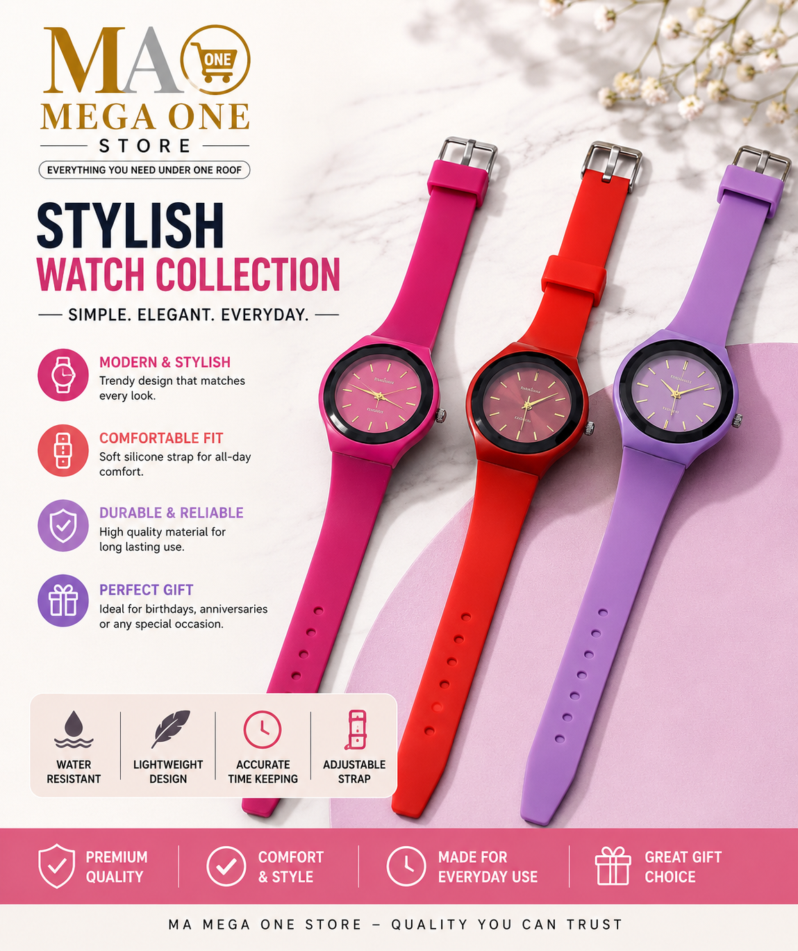 Stylish Silicone Strap Watch – Elegant Everyday Wrist Watch