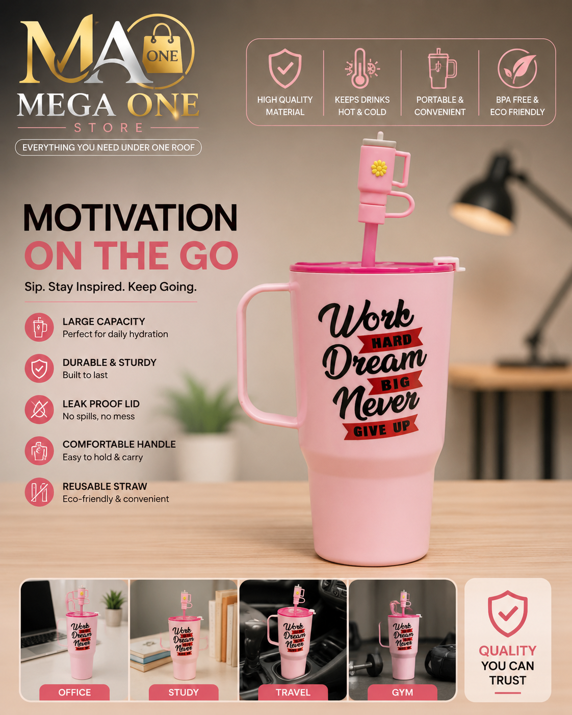 Motivation Insulated Tumbler Cup with Handle & Straw – Large Capacity